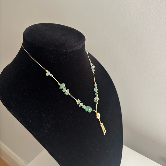 Gold Chain Necklace with Green Bead Accents and Daisy Pendant - Picture 3 of 7